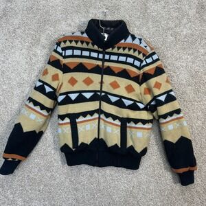 B.B.I. Knit Jacket Womens 8 Tan Black Aztec Southwestern Full Zip Mock Neck